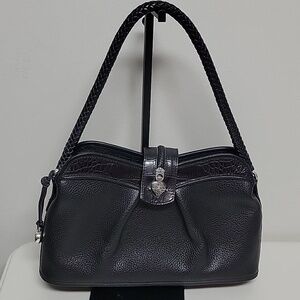 Brighton Vintage Leather Shoulder Bag Black Braided Handle Croc Embossed On Top.